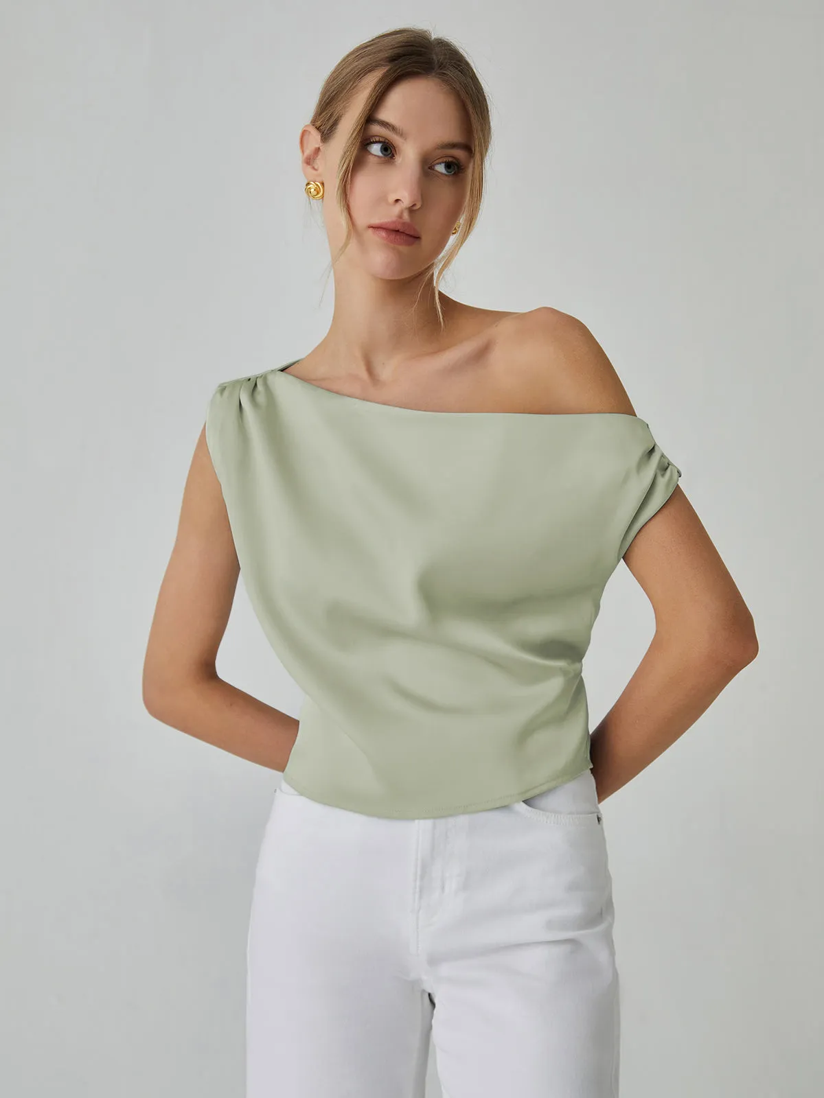 One Shoulder Off Knotted Blouse