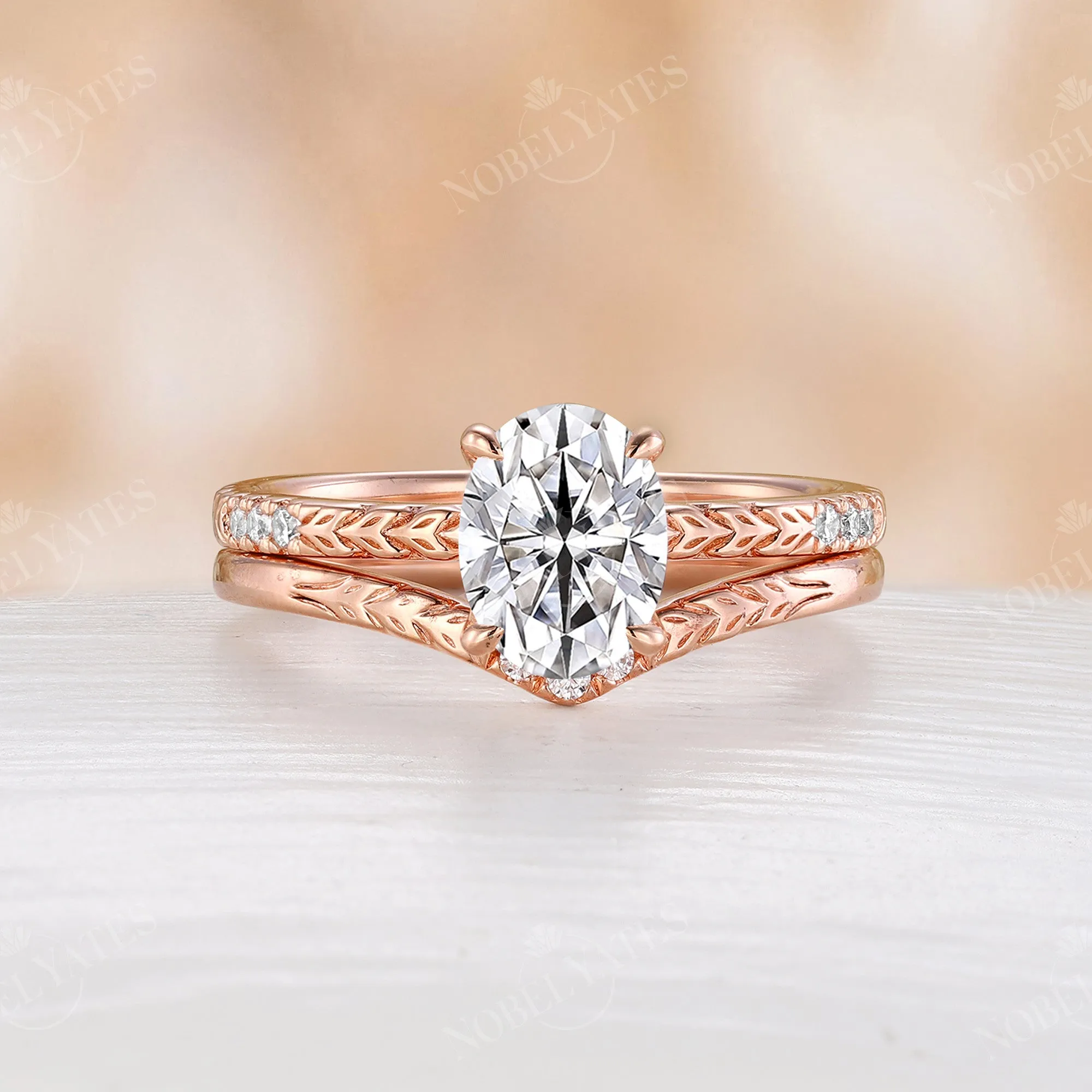 Oval Moissanite Bridal Set Engraving Leaf Rose Gold Matching Band