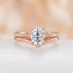 Oval Moissanite Bridal Set Engraving Leaf Rose Gold Matching Band