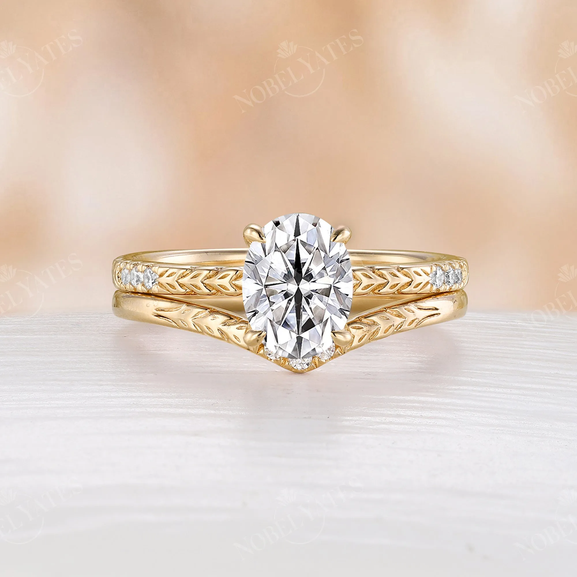 Oval Moissanite Bridal Set Engraving Leaf Rose Gold Matching Band