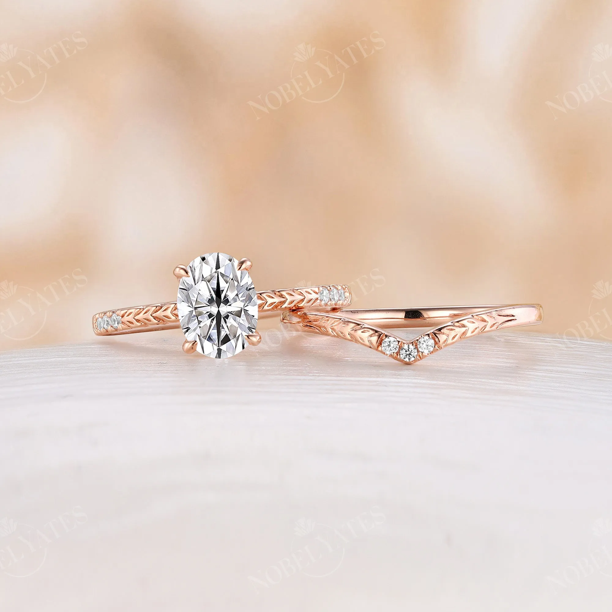 Oval Moissanite Bridal Set Engraving Leaf Rose Gold Matching Band