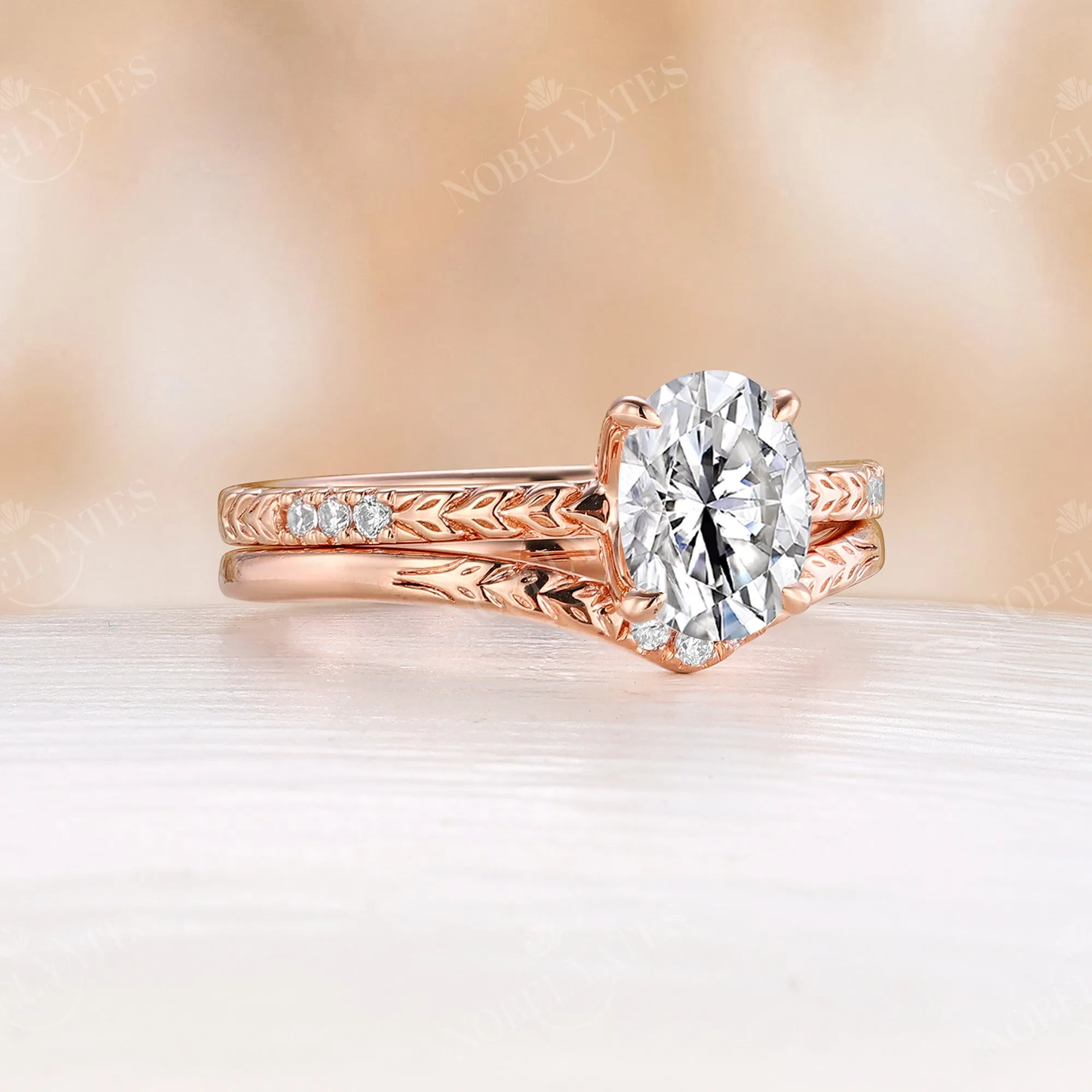 Oval Moissanite Bridal Set Engraving Leaf Rose Gold Matching Band