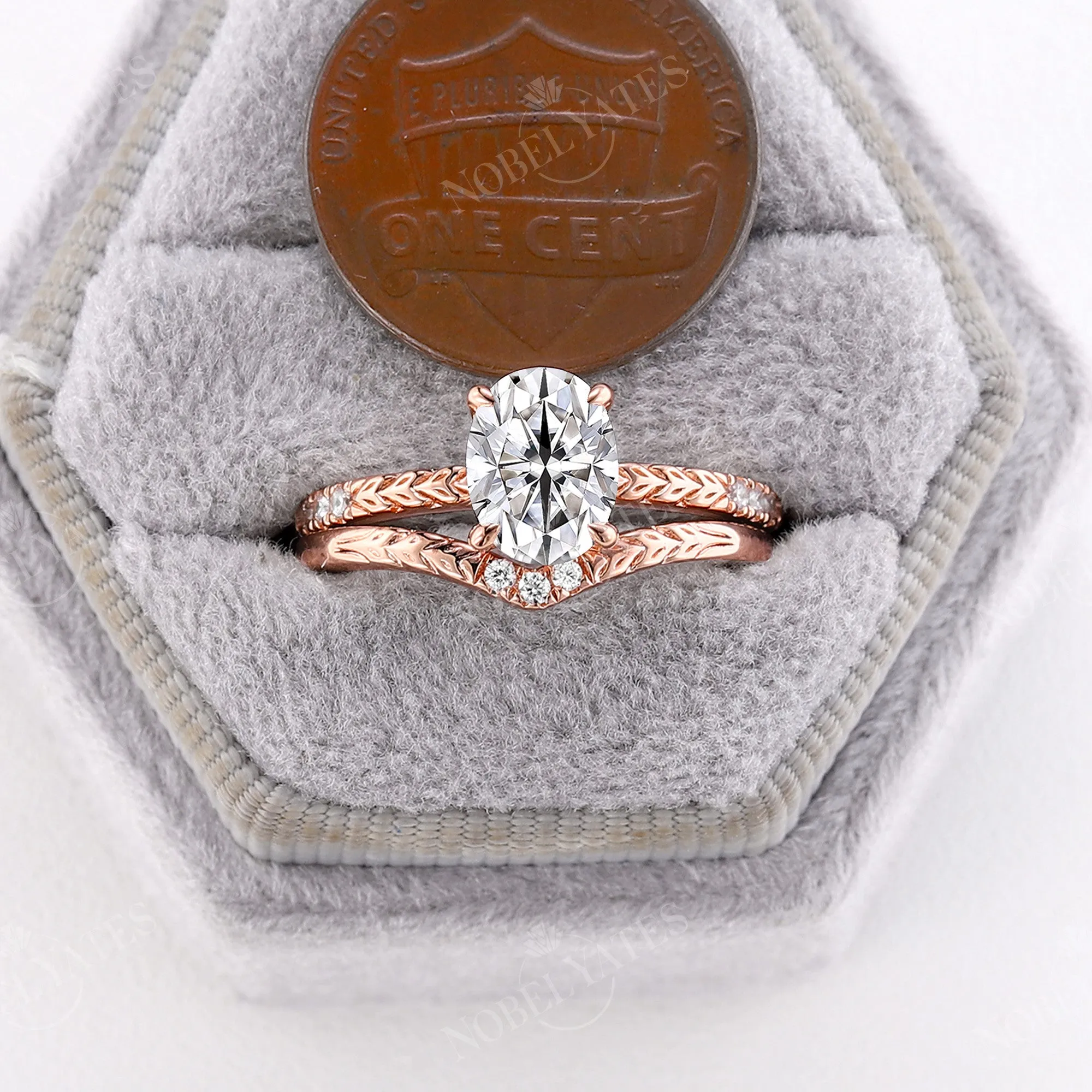 Oval Moissanite Bridal Set Engraving Leaf Rose Gold Matching Band