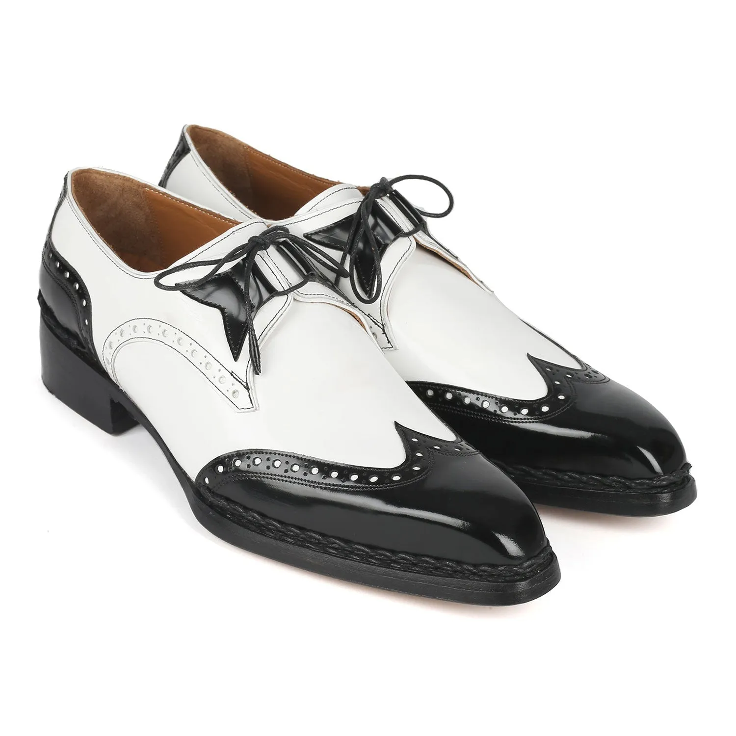 Paul Parkman 8505-BNW Men's Shoes Black & White Calf-Skin Leather Norwegian Welted Dress Wingtip Oxfords (PM6380)