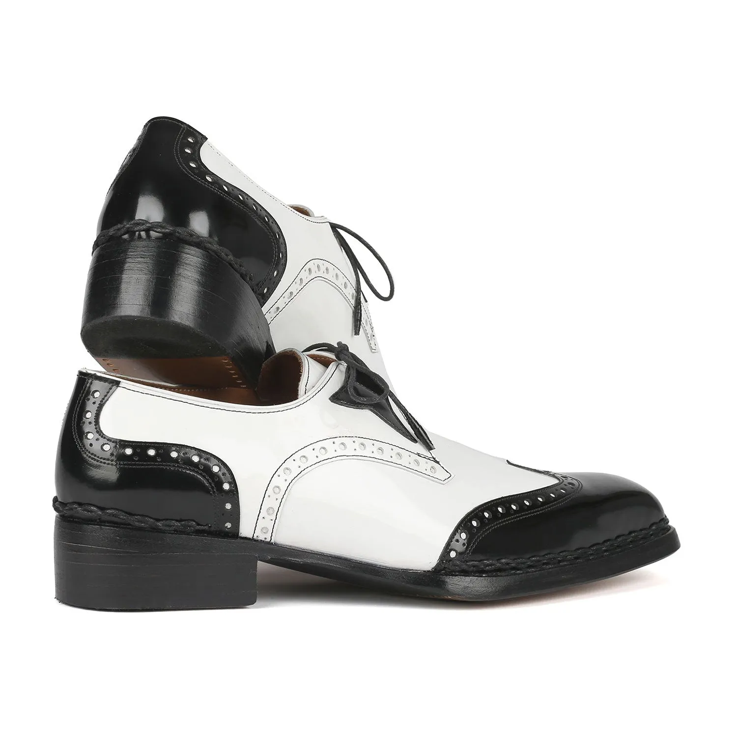 Paul Parkman 8505-BNW Men's Shoes Black & White Calf-Skin Leather Norwegian Welted Dress Wingtip Oxfords (PM6380)