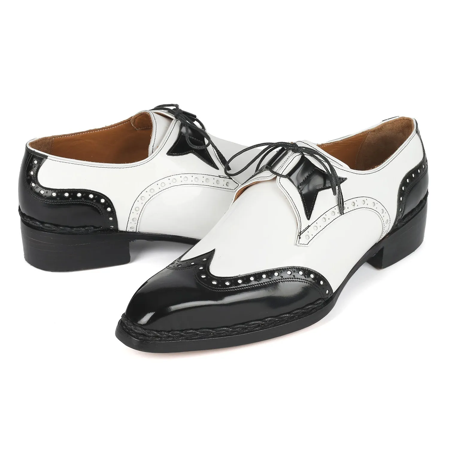 Paul Parkman 8505-BNW Men's Shoes Black & White Calf-Skin Leather Norwegian Welted Dress Wingtip Oxfords (PM6380)