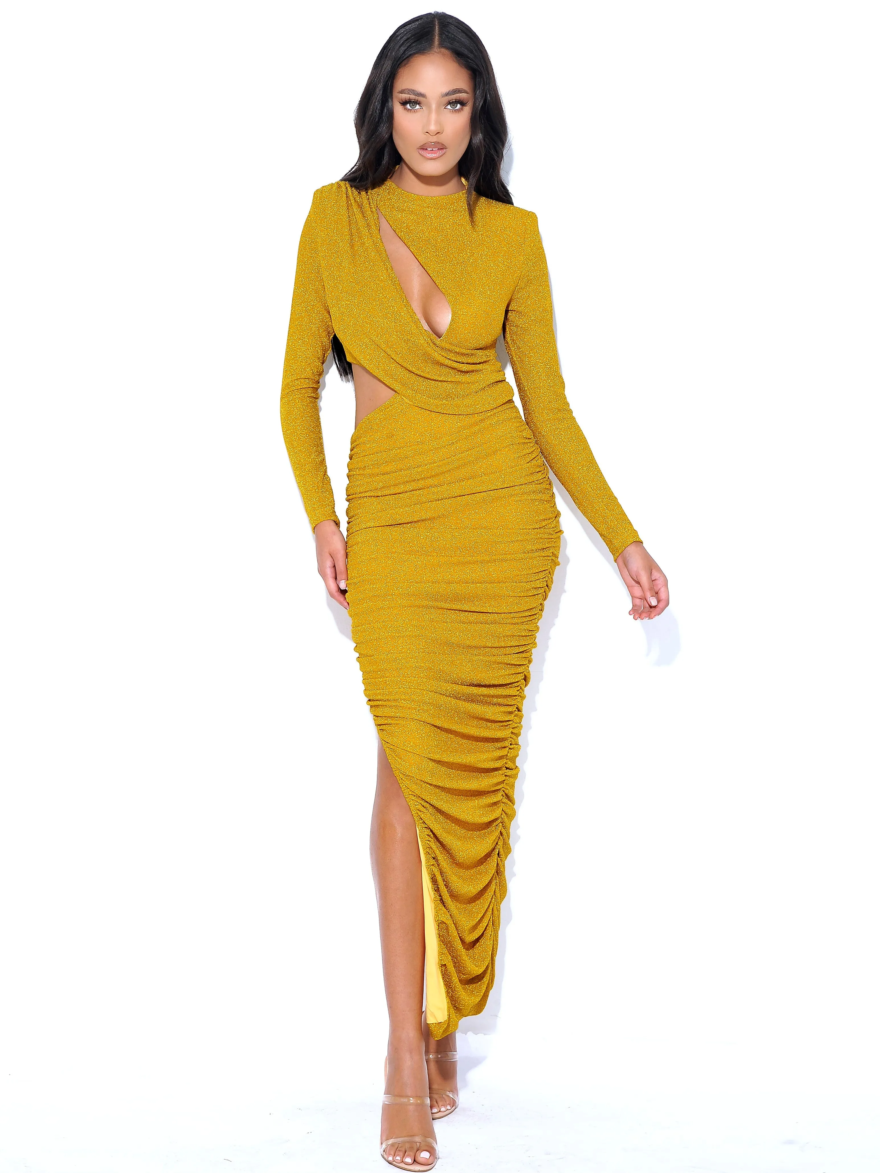 Payson Gold Long Sleeve Metallic Jersey Cutout Dress