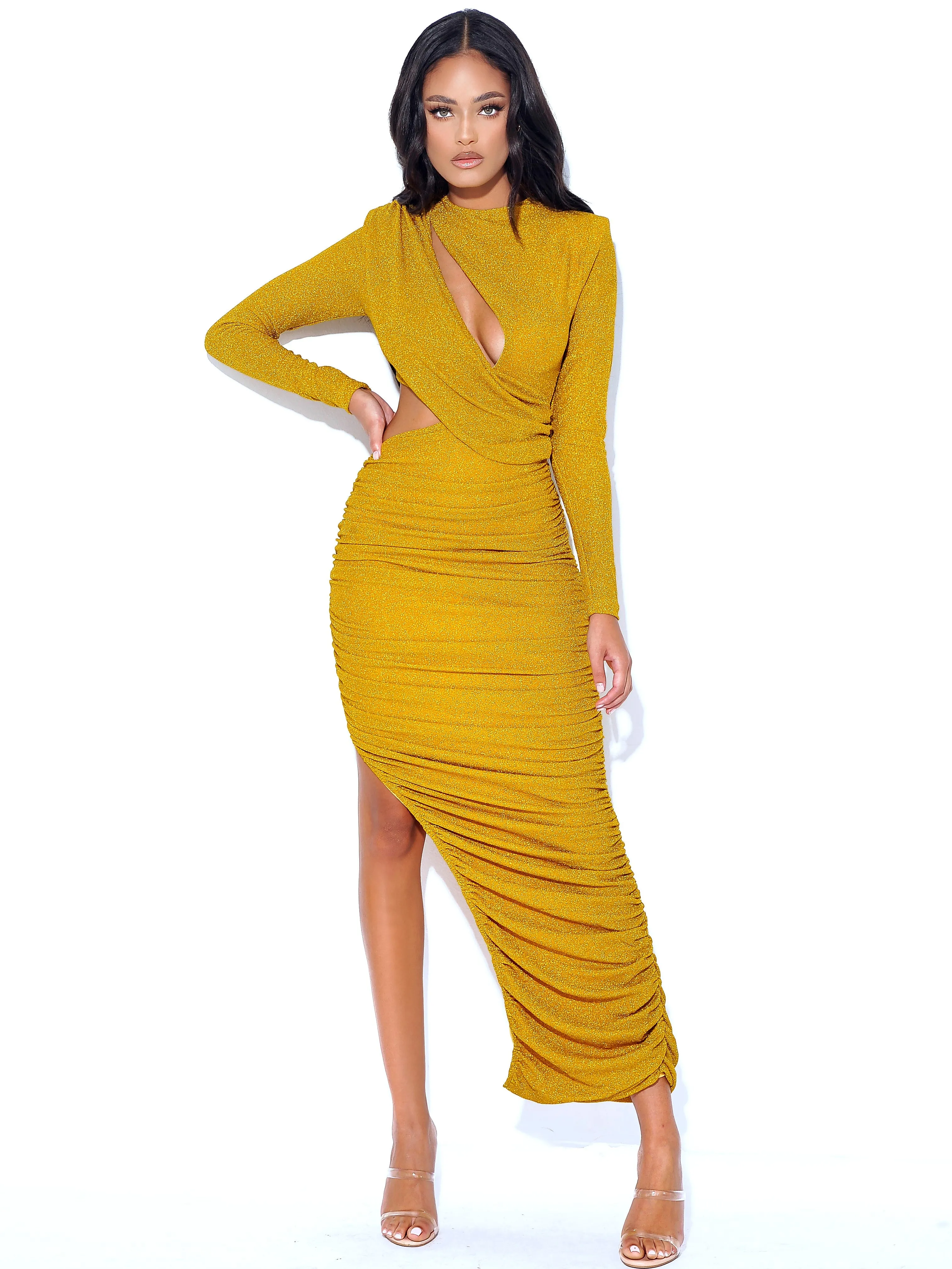 Payson Gold Long Sleeve Metallic Jersey Cutout Dress