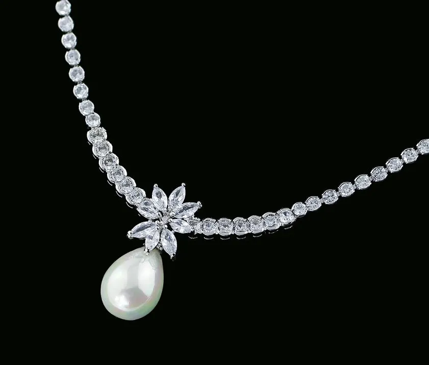 Pearl and Cubic Zirconia Necklace and Earring Set