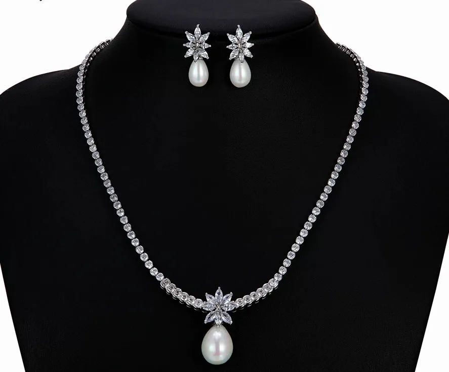 Pearl and Cubic Zirconia Necklace and Earring Set