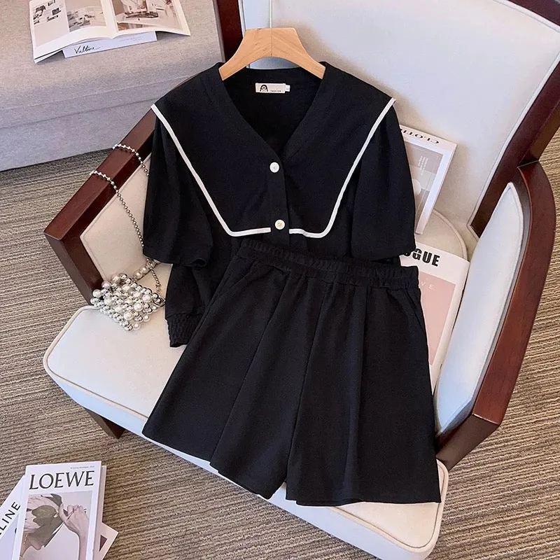 Plus size women's age-reducing two-piece set fashionable navy collar cardigan small fragrant top fat girl slimming shorts suit