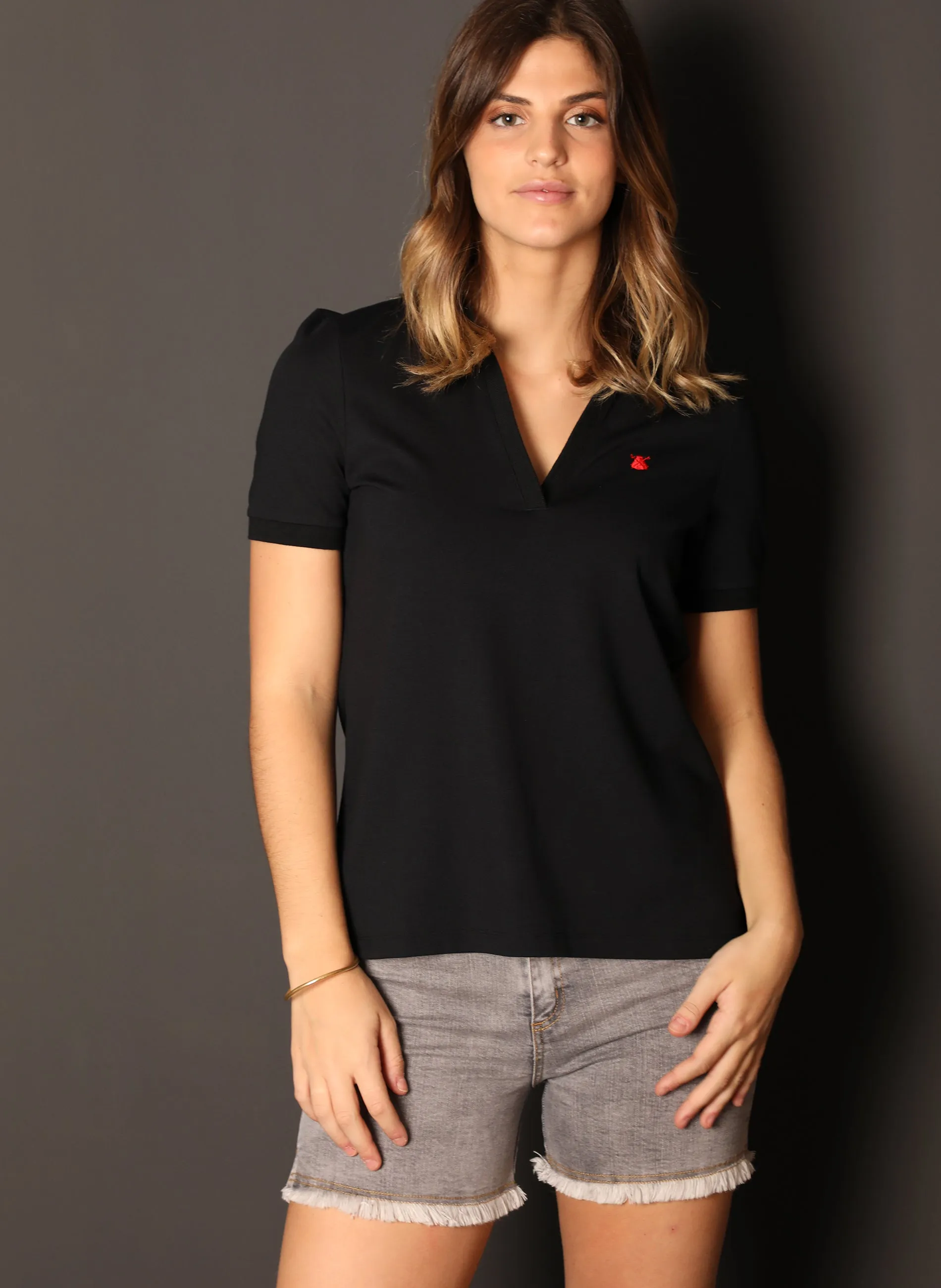 Black Women's V-Neck Polo