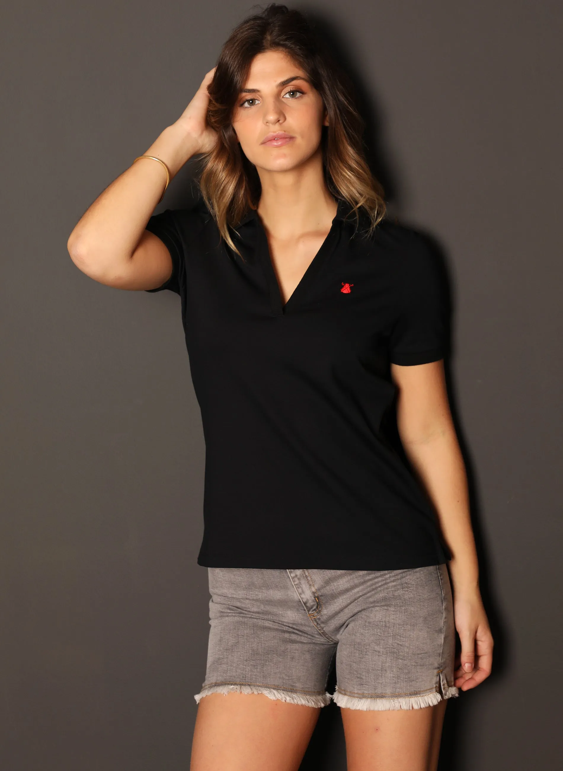 Black Women's V-Neck Polo