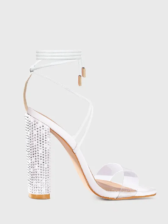 Clear Chunky Rhinestone High Heel Sandals with Ankle Straps