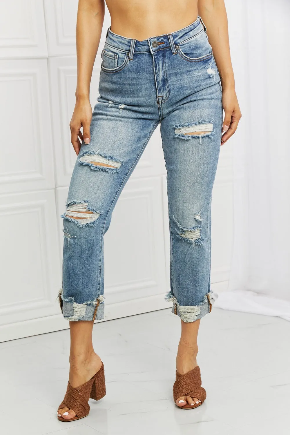 Full Size Distressed Straight Leg Jeans named Leilani by RISEN