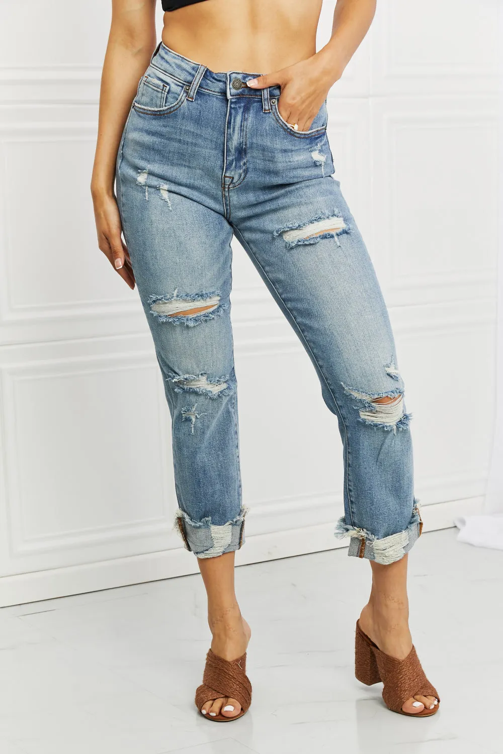 Full Size Distressed Straight Leg Jeans named Leilani by RISEN