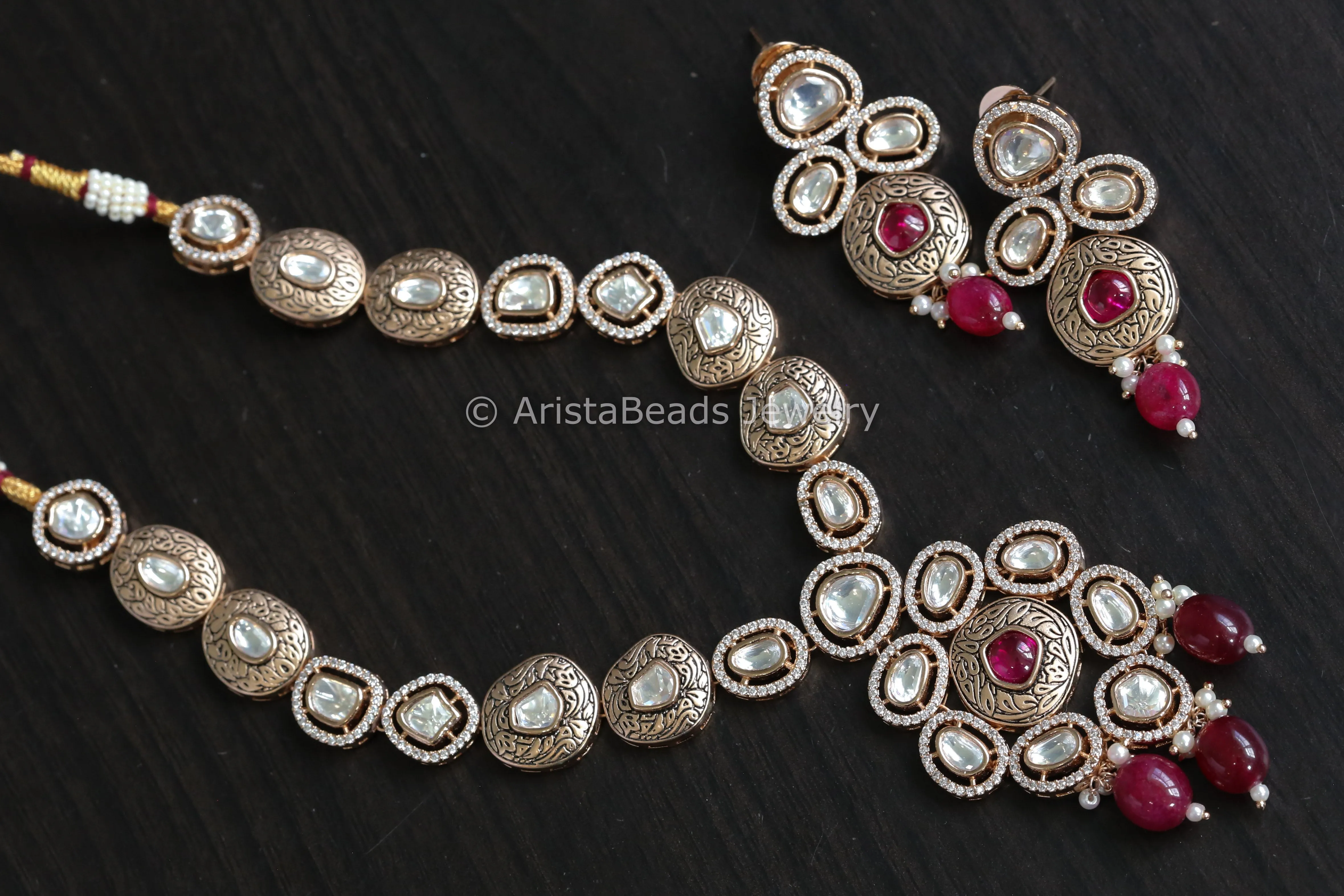 Rose Gold Polki Kundan, Enamel & Mirco CZ Necklace Set