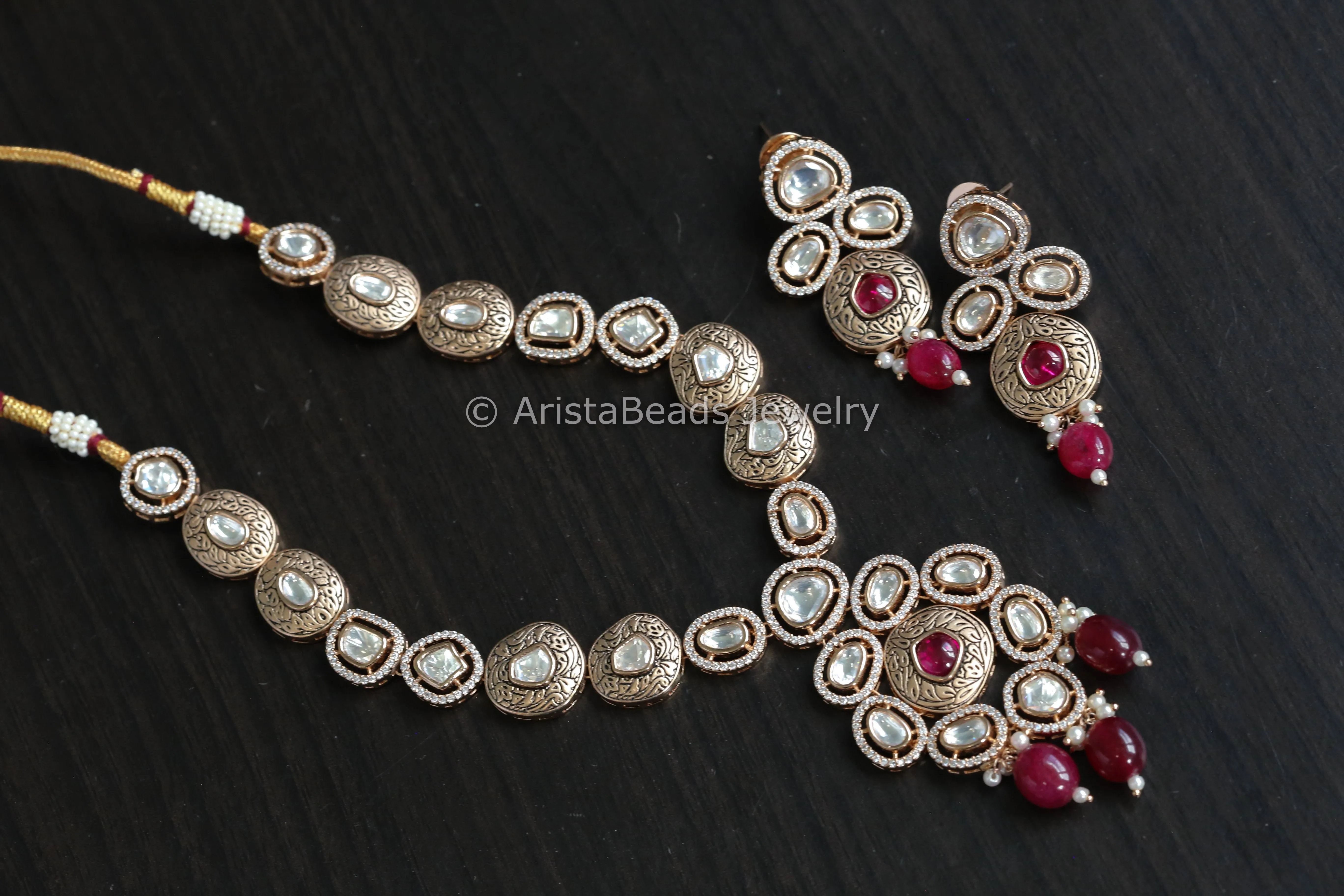 Rose Gold Polki Kundan, Enamel & Mirco CZ Necklace Set