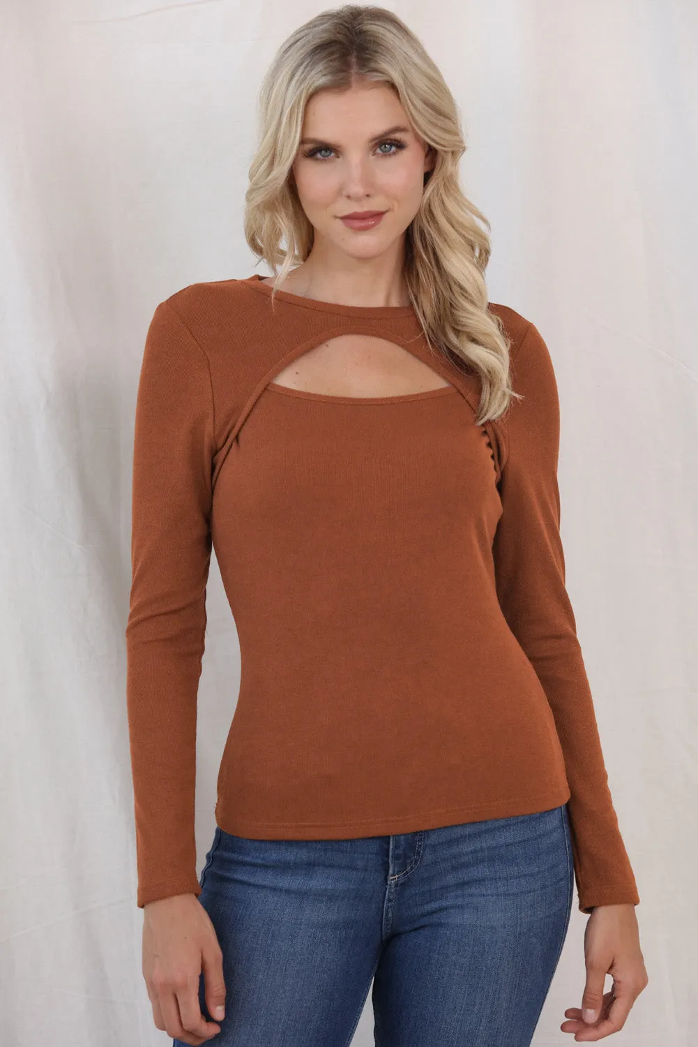 Round Neck Long Sleeve Top with Cutout