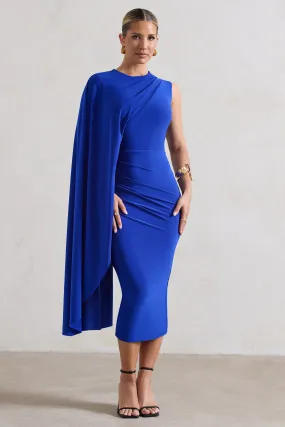 Royal Blue One-Sleeve Cape Midi Dress - Reveal Clothing