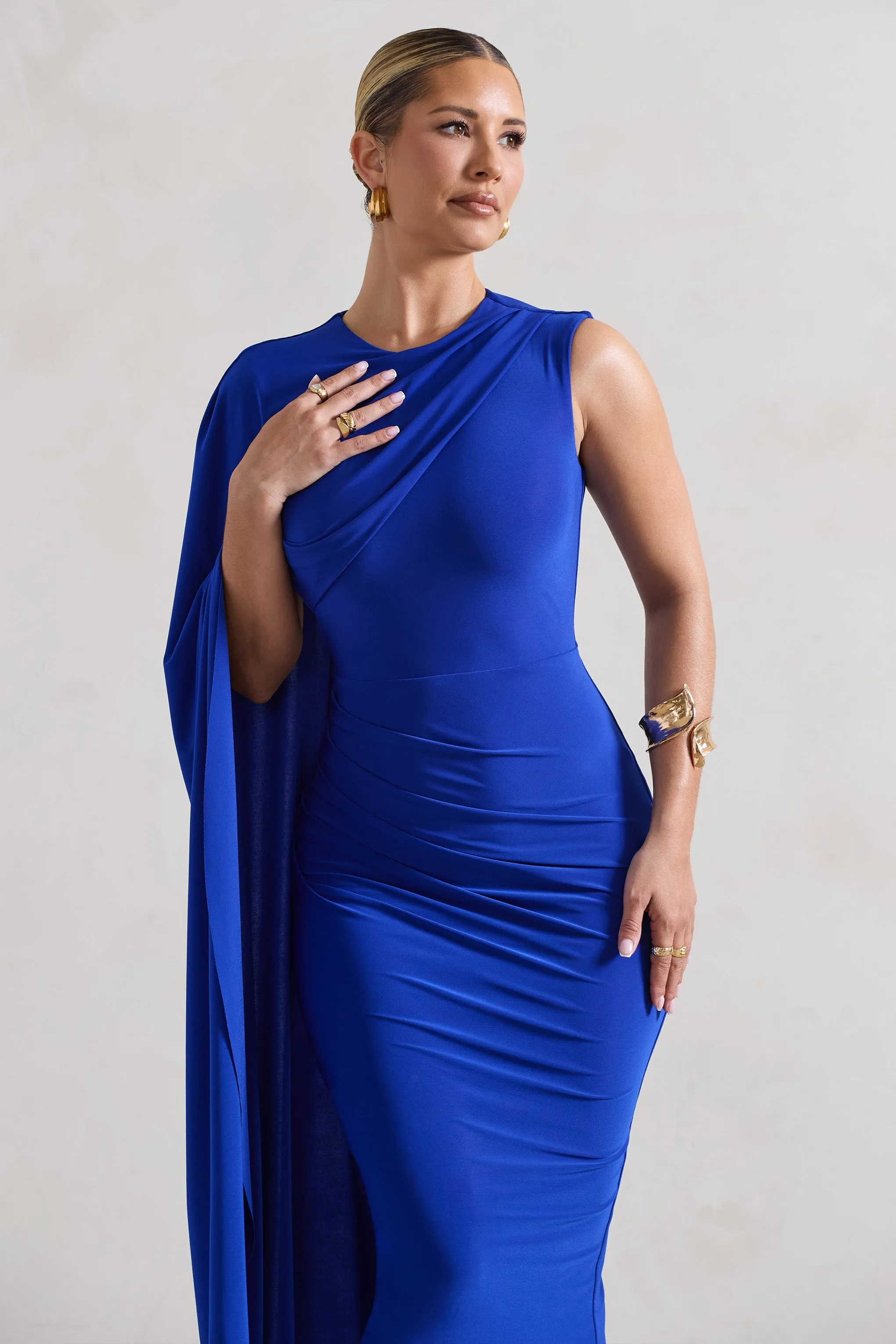 Royal Blue One-Sleeve Cape Midi Dress - Reveal Clothing