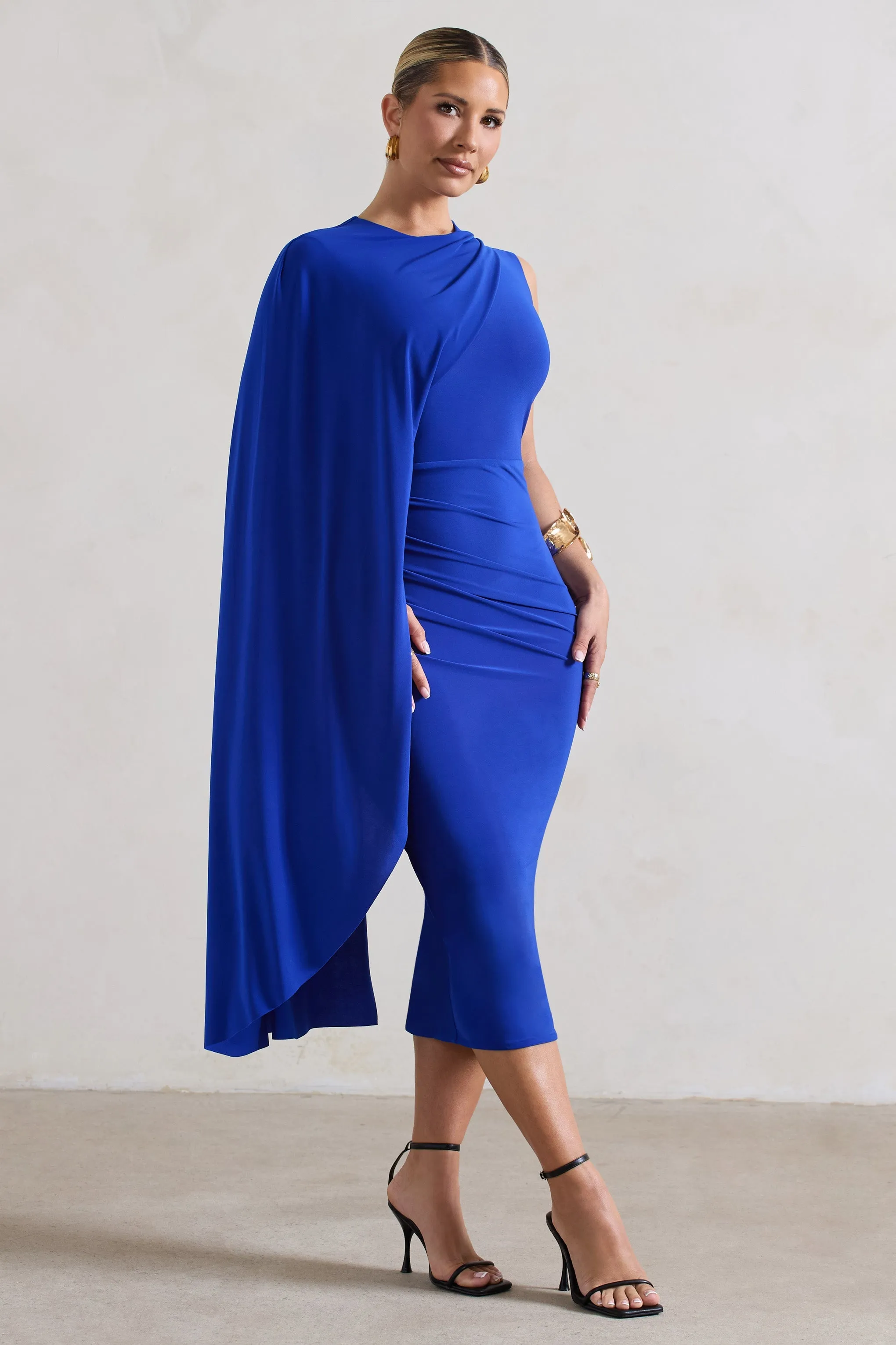 Royal Blue One-Sleeve Cape Midi Dress - Reveal Clothing