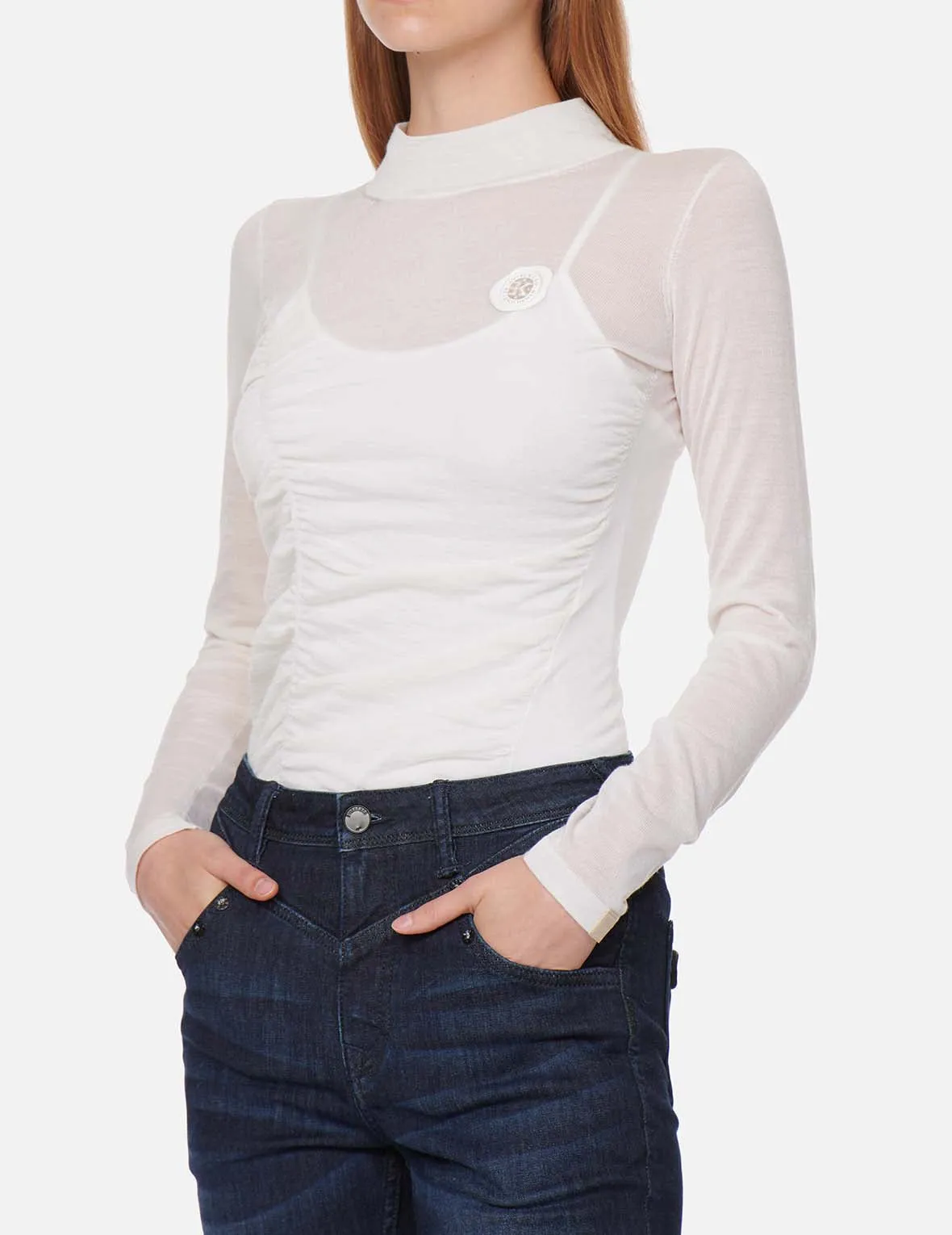 Ruched Front High Neck Knit Top