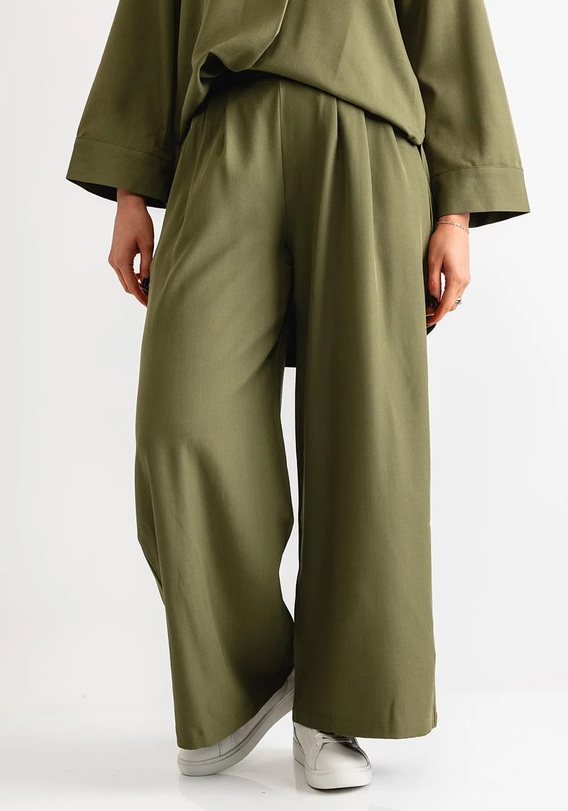 Serafina Collection Elasticated Wide Leg Trousers, Khaki Green