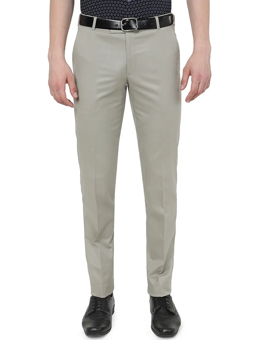 Solid Beige Slim Fit Formal Trousers with Metal Accent