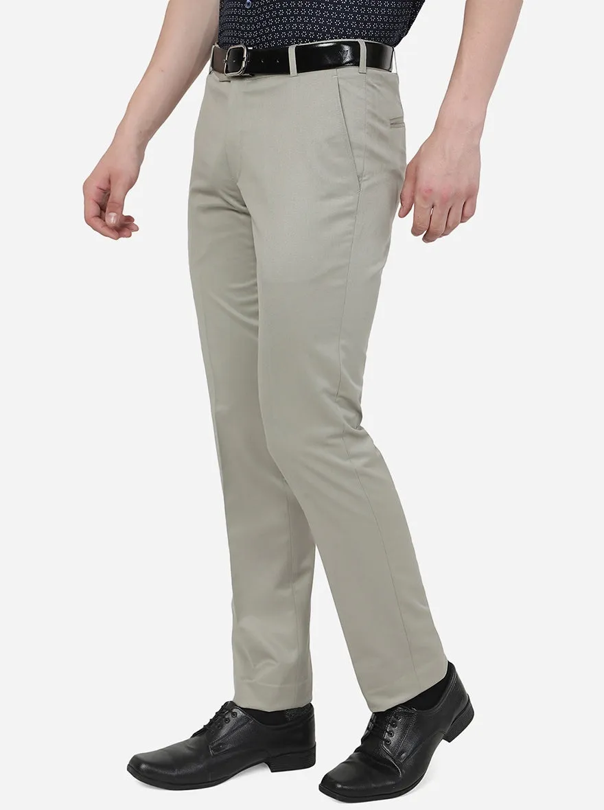 Solid Beige Slim Fit Formal Trousers with Metal Accent