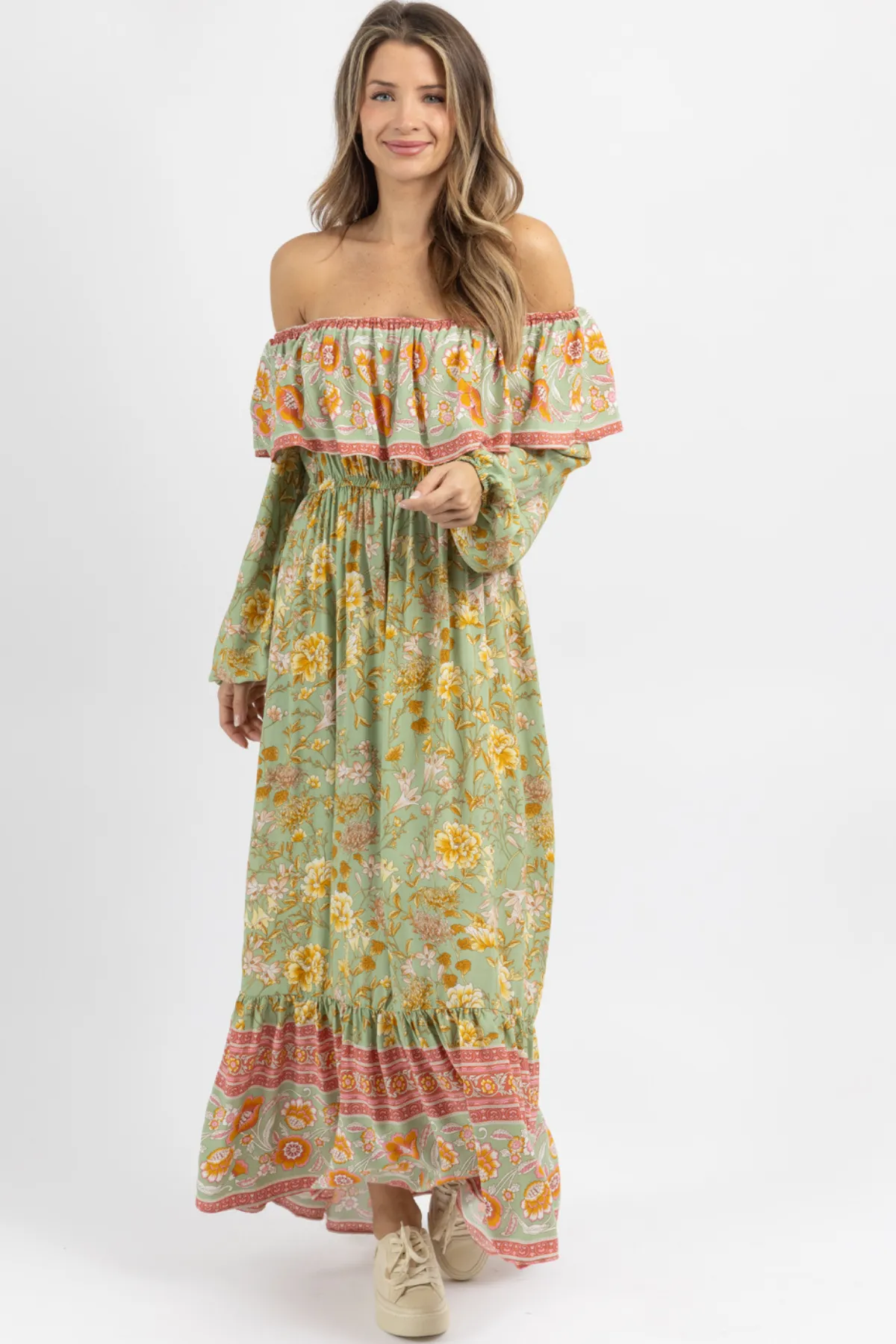 SOPHIE SAGE OFF SHOULDER MAXI DRESS