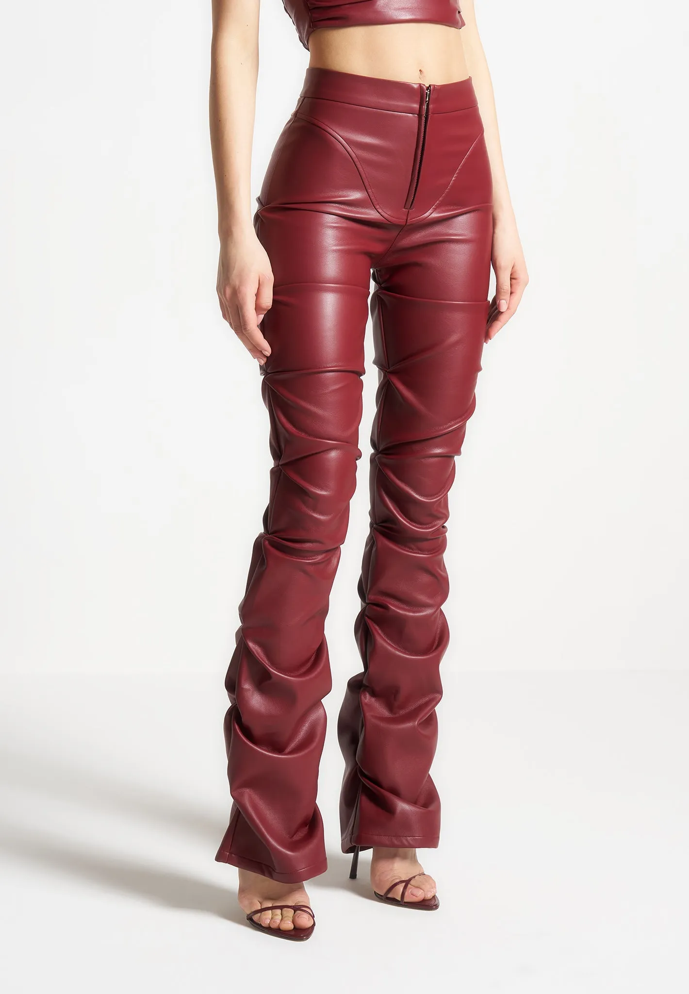 Tacked Leather Flared Trousers - Wine Red