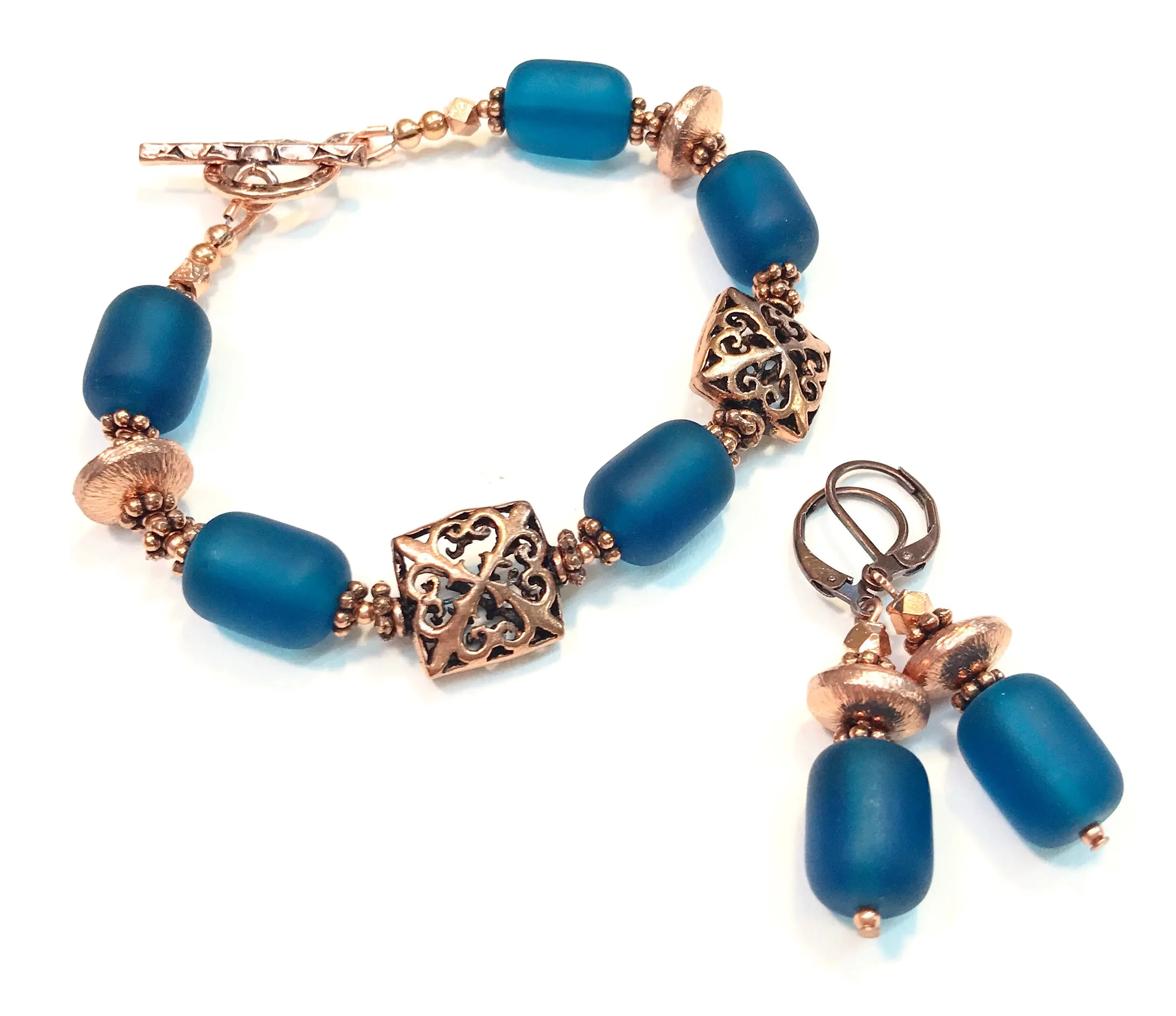 Teal Matte Glass and Copper Bracelet and Earrings Set