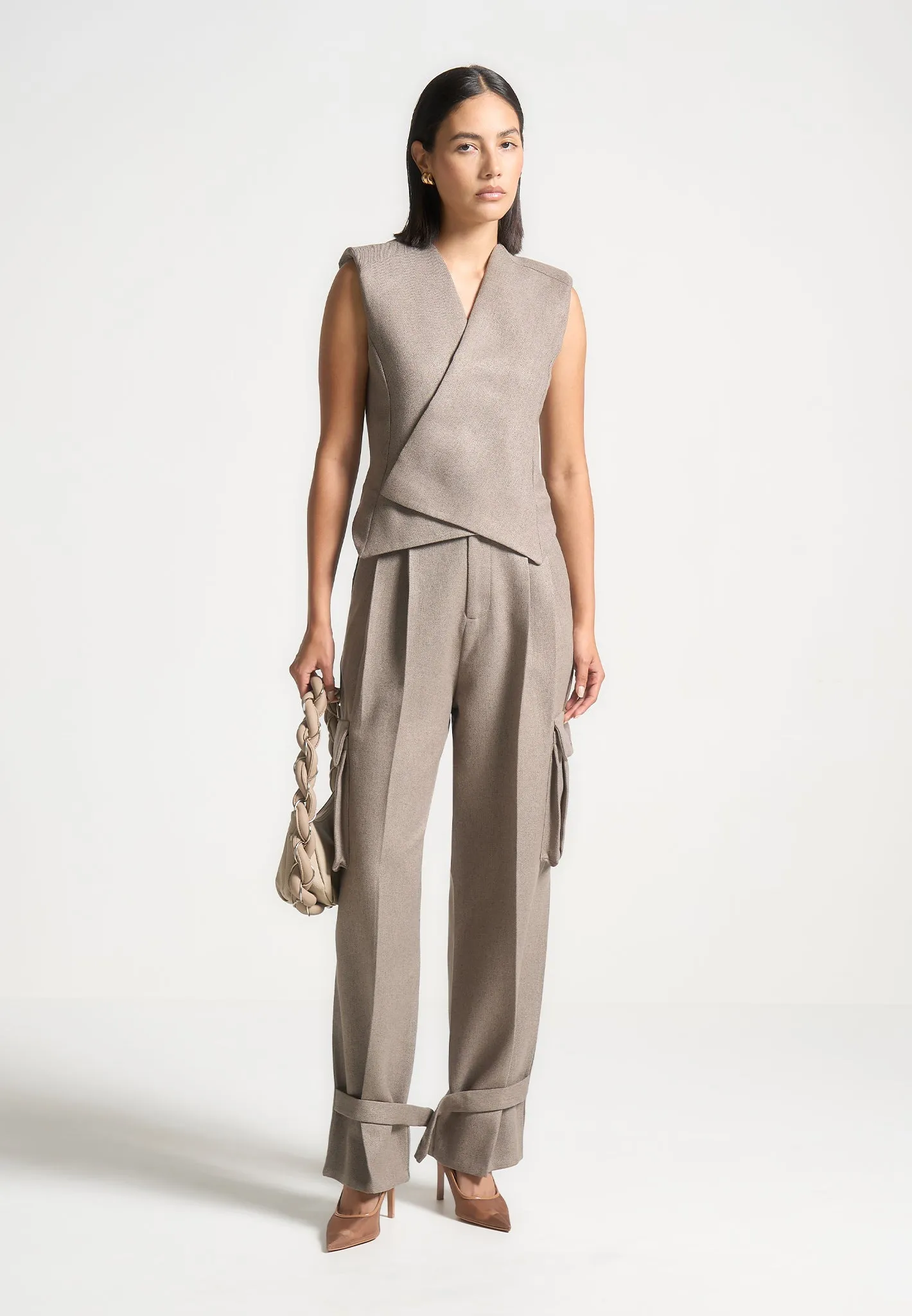 Textured Tailored Pleated Cargo Trousers - Taupe