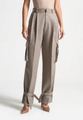 Textured Tailored Pleated Cargo Trousers - Taupe