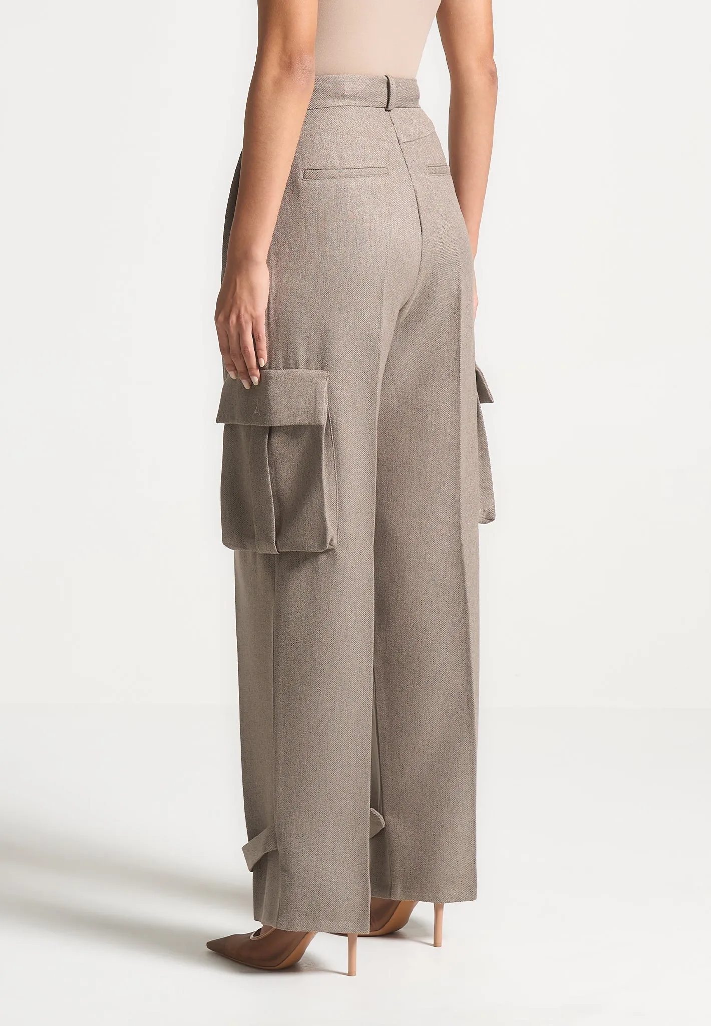 Textured Tailored Pleated Cargo Trousers - Taupe