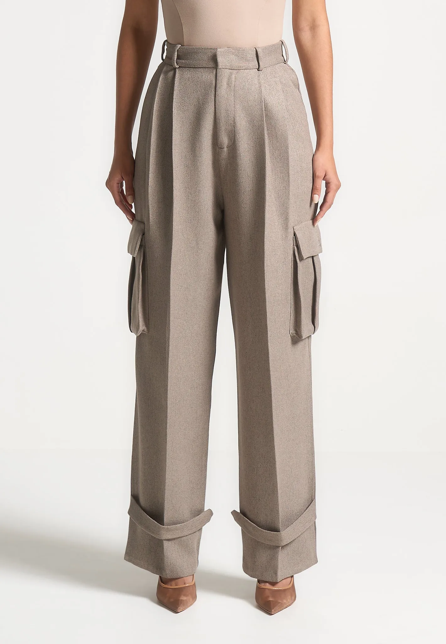 Textured Tailored Pleated Cargo Trousers - Taupe