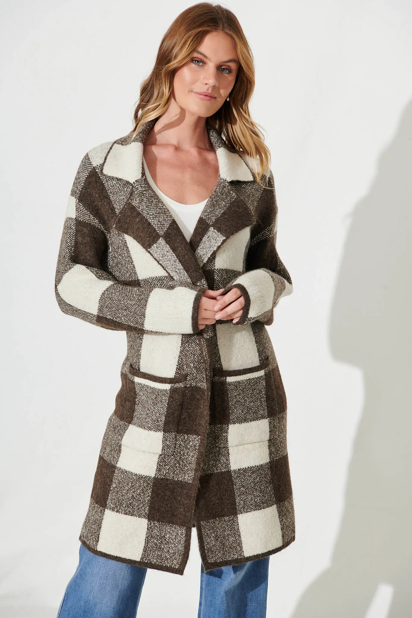 Thelma Knit Coatigan In Beige With Brown Check Wool Blend