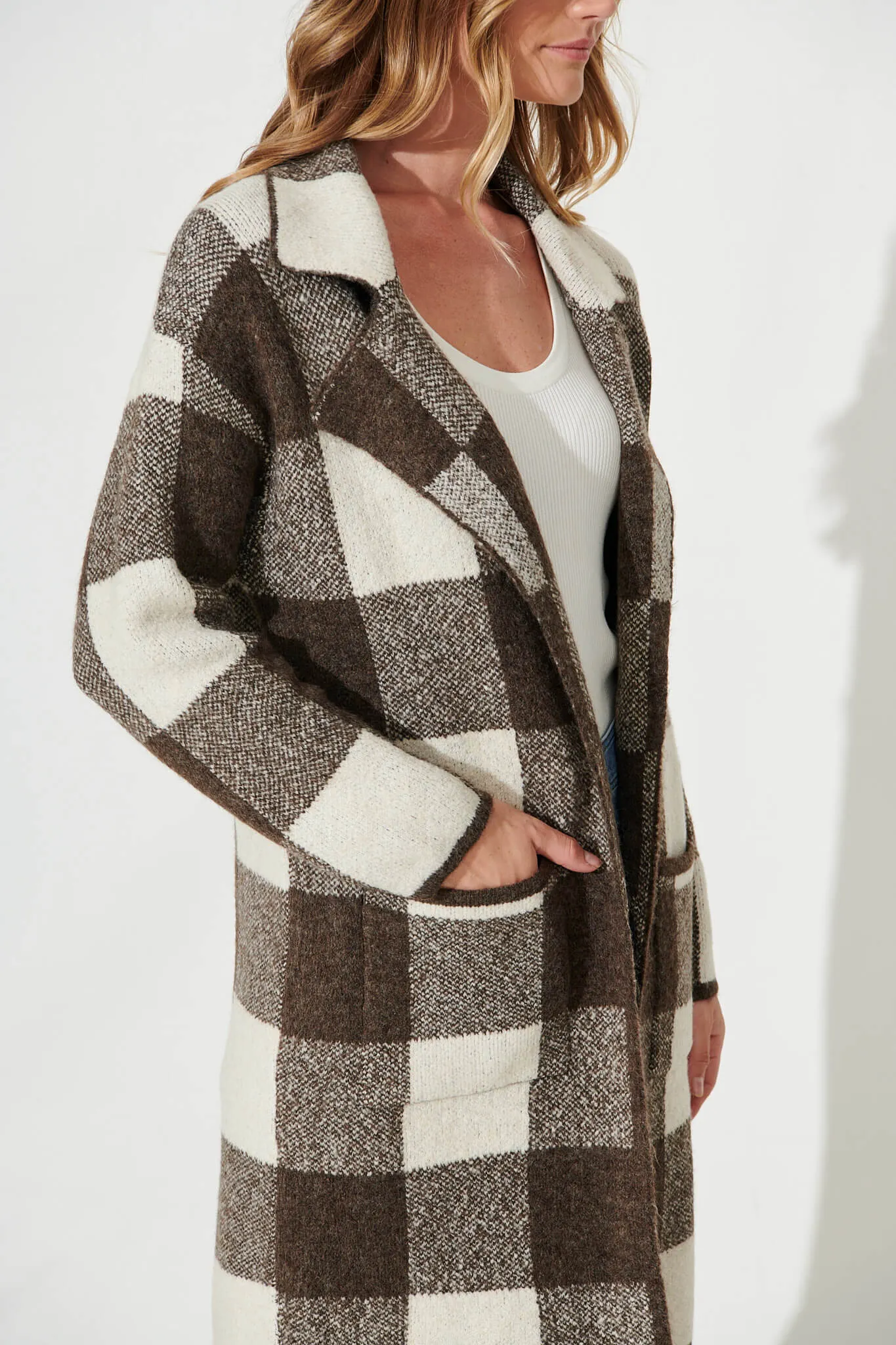 Thelma Knit Coatigan In Beige With Brown Check Wool Blend