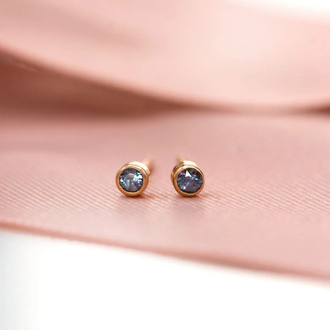 Tiny Alexandrite Bezel Set 14k Gold or Platinum Stud Earrings