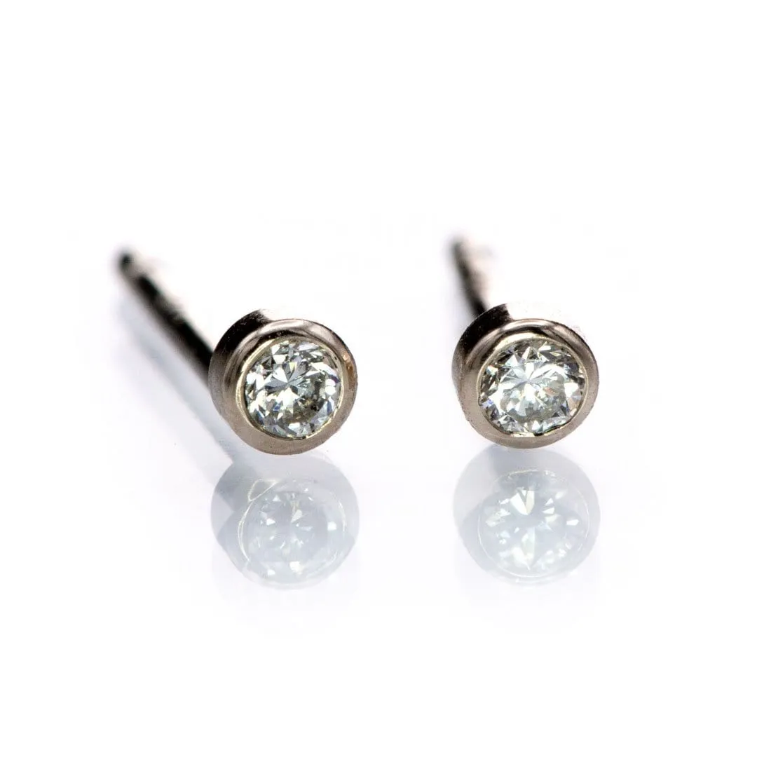 Tiny Moissanite Bezel Set 14k Gold or Platinum Stud Earring (Single or Pair)