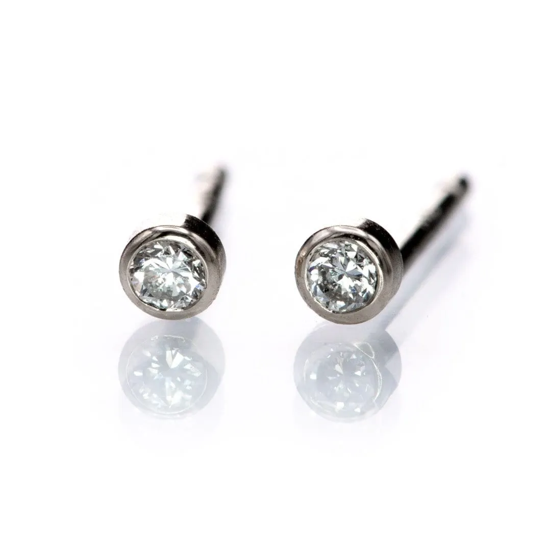 Tiny Moissanite Bezel Set 14k Gold or Platinum Stud Earring (Single or Pair)