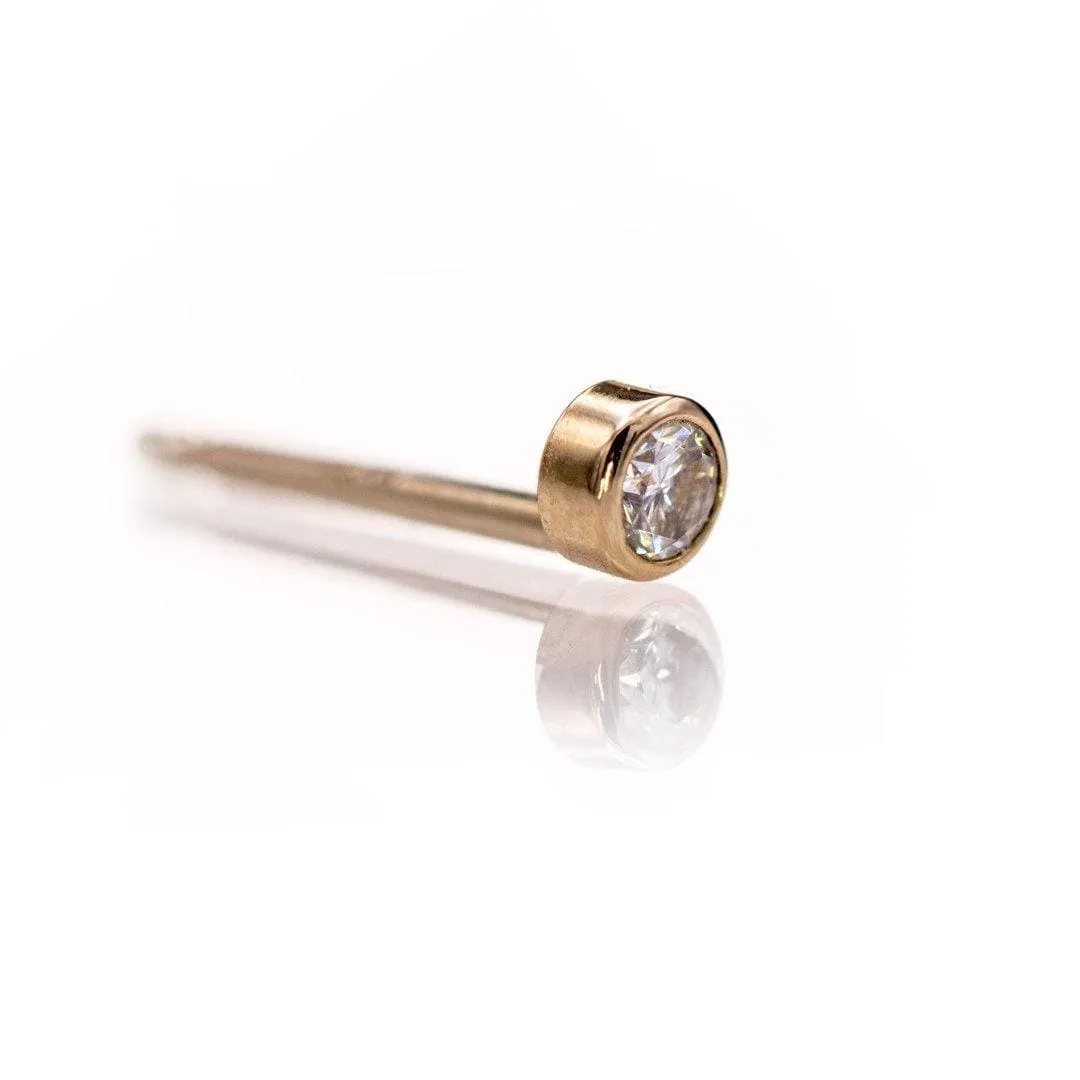 Tiny Moissanite Bezel Set 14k Gold or Platinum Stud Earring (Single or Pair)