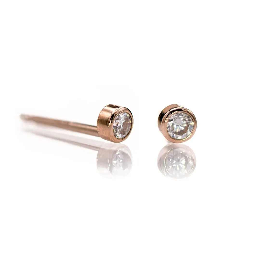 Tiny Moissanite Bezel Set 14k Gold or Platinum Stud Earring (Single or Pair)