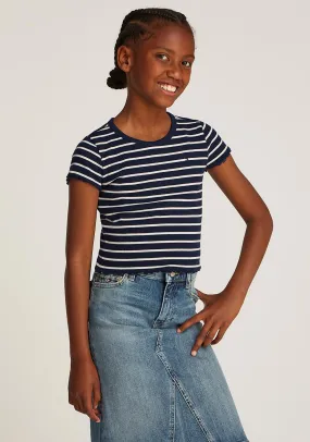 Tommy Hilfiger Girl Rib Knit Short Sleeve Tee, Navy