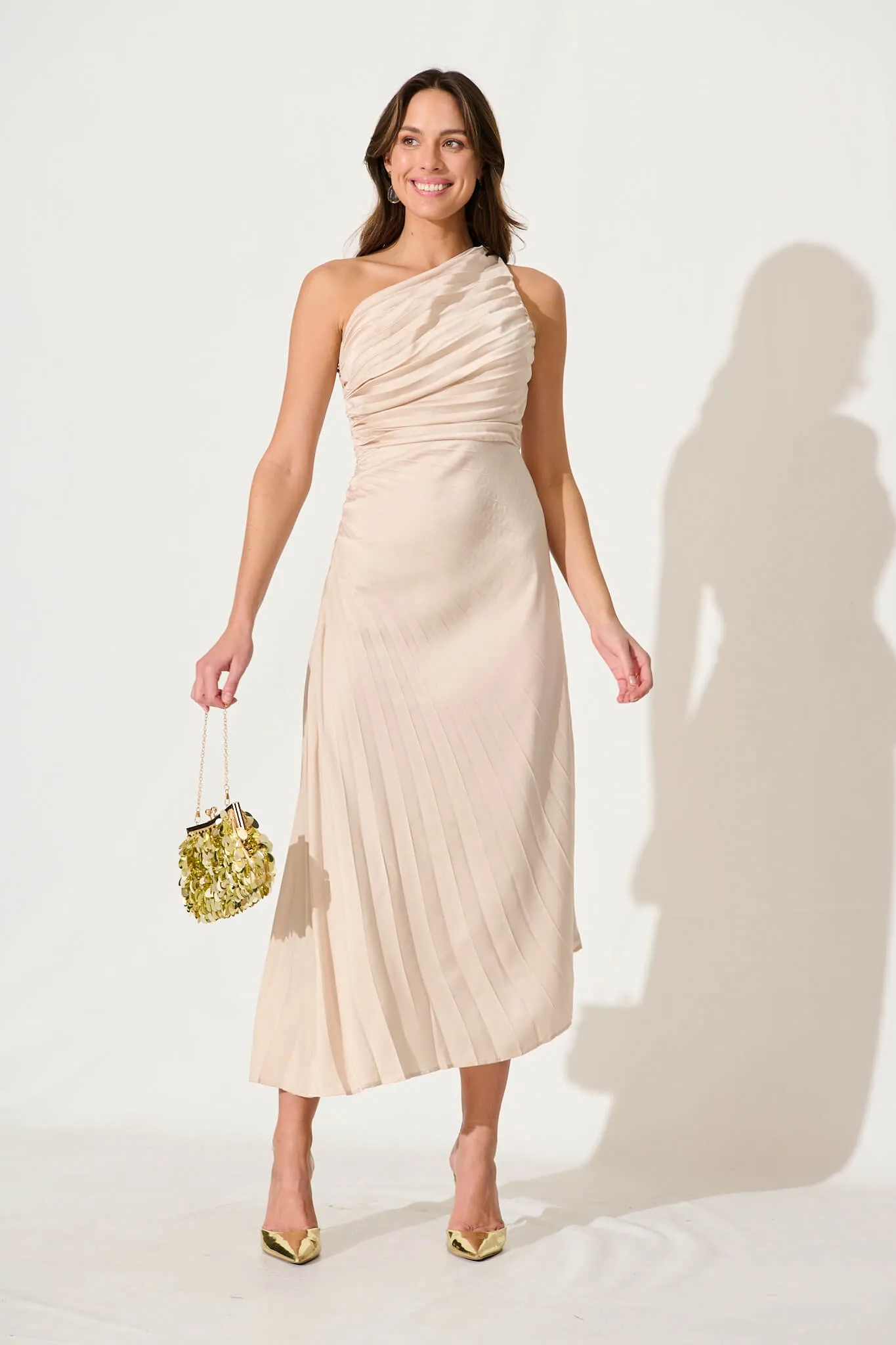 Toulon One Shoulder Maxi Dress In Champagne Satin