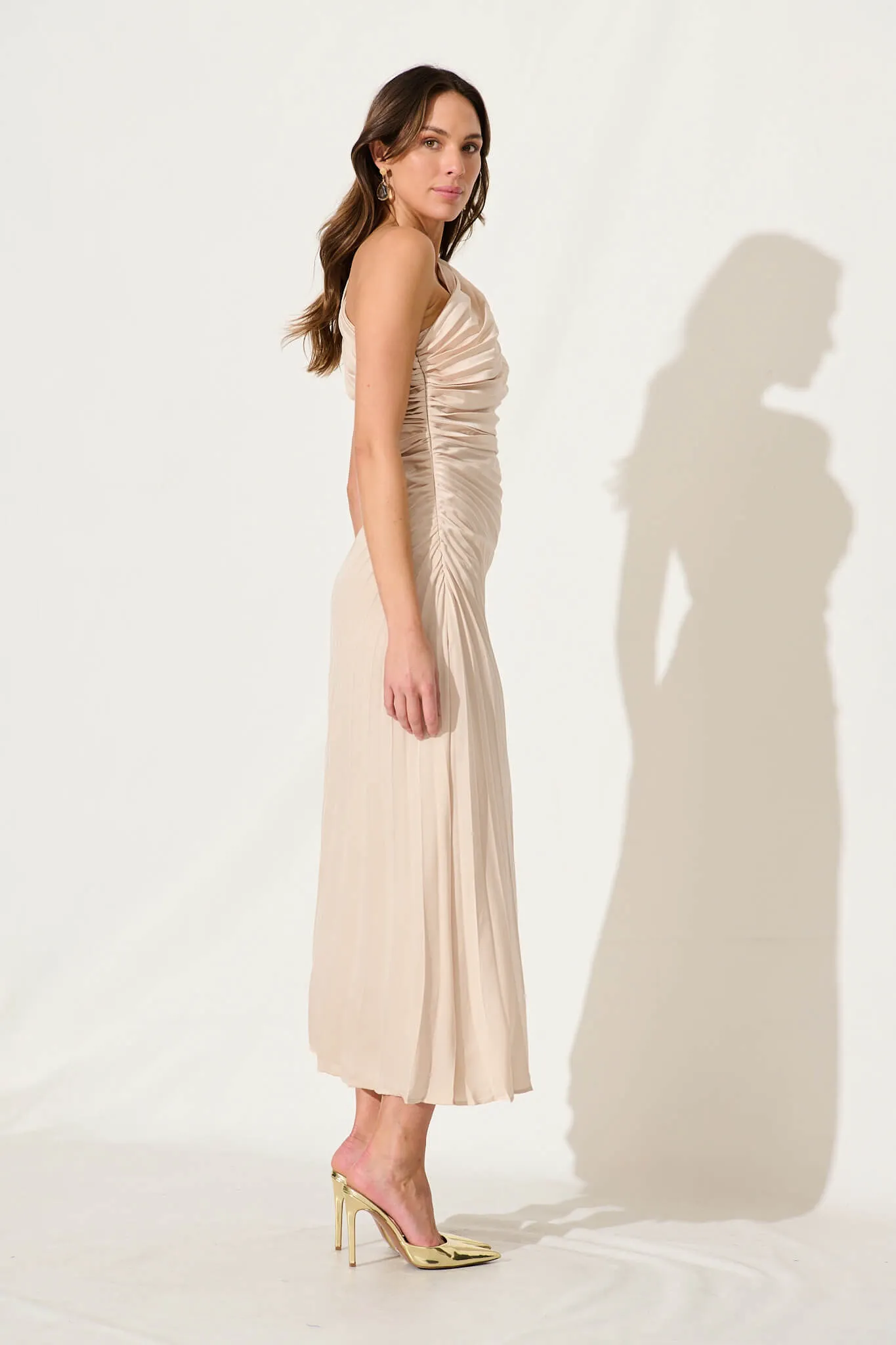 Toulon One Shoulder Maxi Dress In Champagne Satin