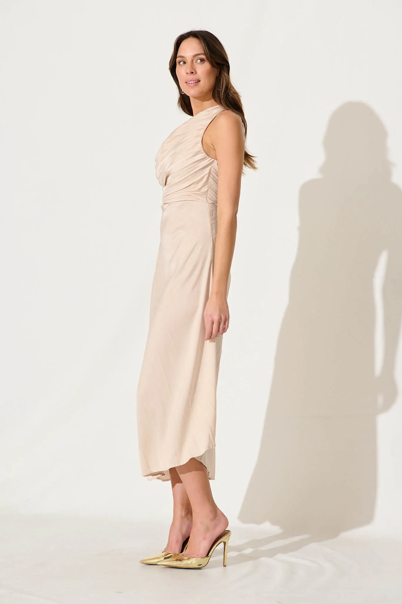 Toulon One Shoulder Maxi Dress In Champagne Satin