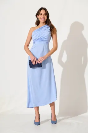 Toulon One Shoulder Maxi Dress In Pale Blue Satin