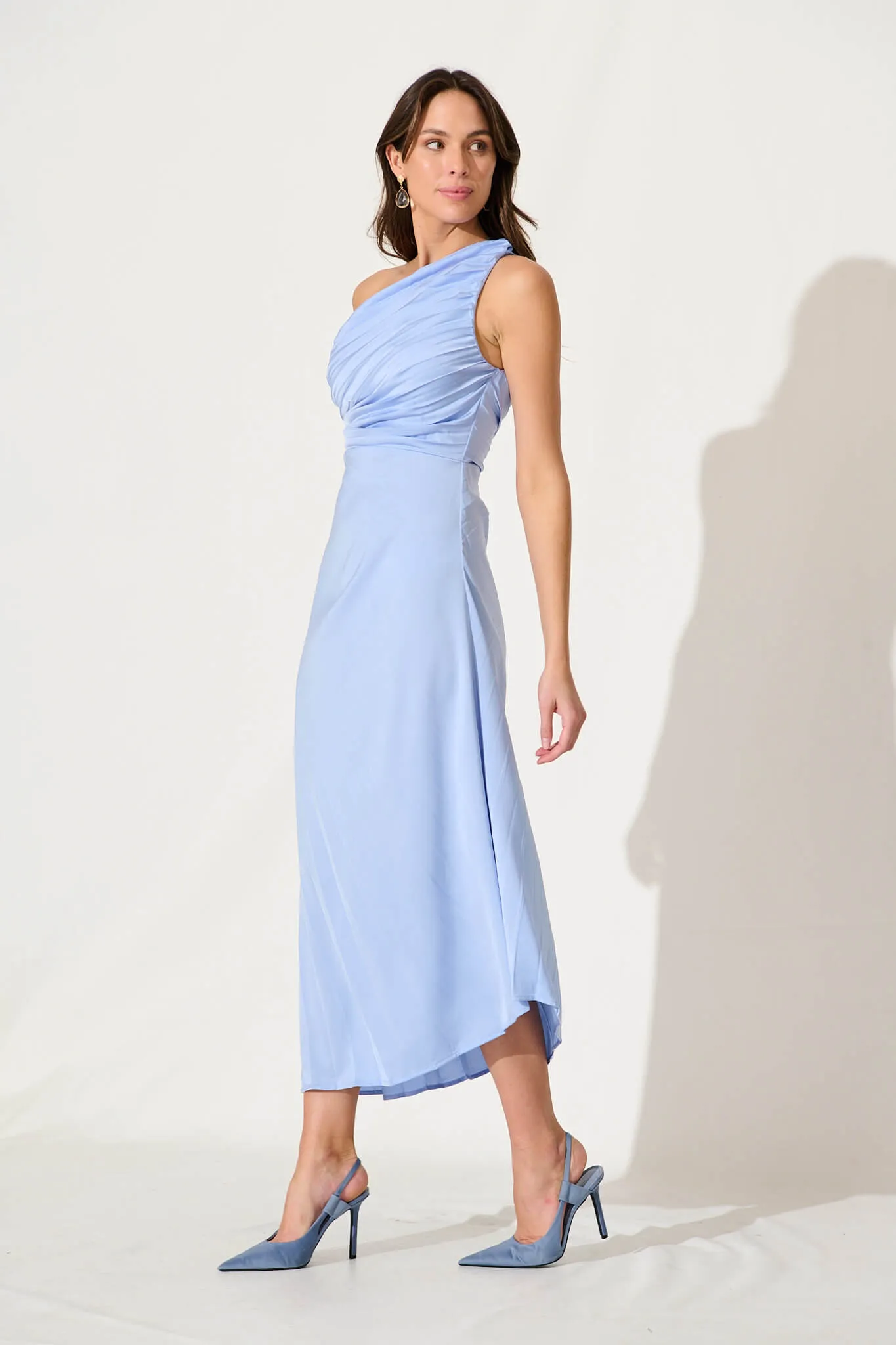 Toulon One Shoulder Maxi Dress In Pale Blue Satin